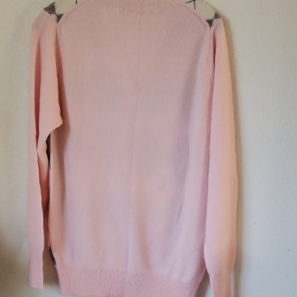 BERK Vintage 100% Cashmere Pink and Gray Argyle V-Neck Sweater Size L - Picture 2 of 11